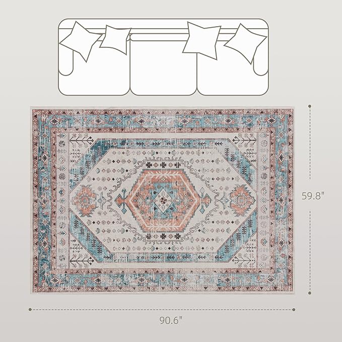 HOMCOM Washable Area Rug, 5'x7' Vintage Indoor Distressed Carpet, Retro Floor Cover Foldable, Floral Print Mat for Living Room, Bedroom, Dining Room, Brown and Blue