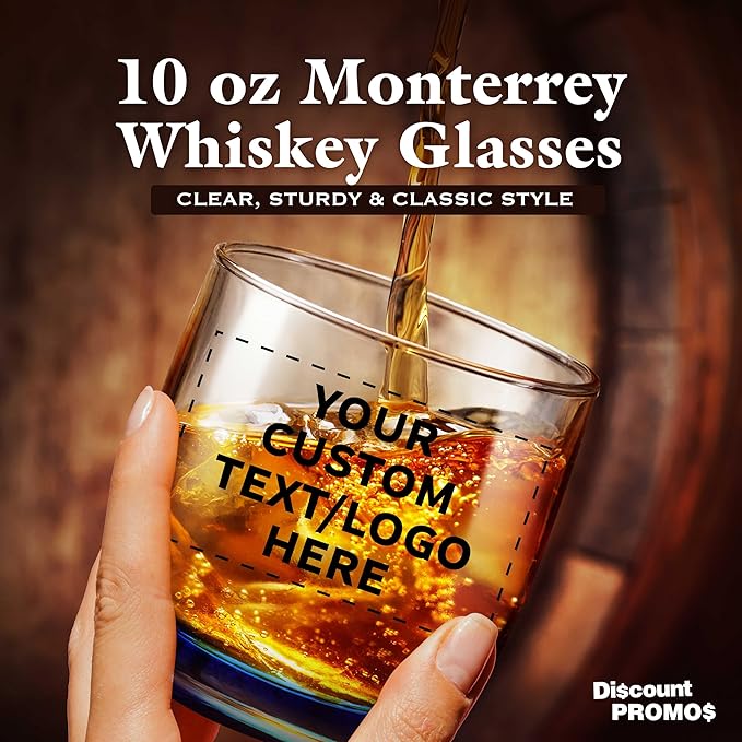 DISCOUNT PROMOS Custom Whiskey Glasses 10 oz Set of 10/50/100, Personalized Bulk Pack - Heavy Base Old Fashioned Glass, Perfect for Scotch, Bourbon, Whiskey, Cocktail - Blue Bottom Color