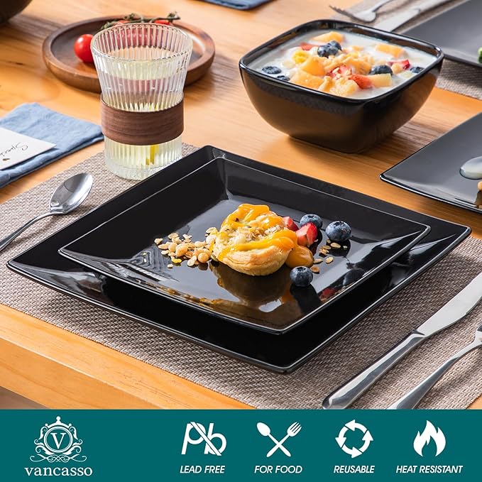 vancasso Soho Dinnerware Sets 12 Pieces, Black Stoneware Square Place Setting, Plates and Bowls Sets, Dinner Plate, Dishes Set for 4