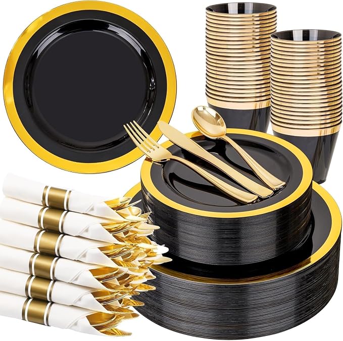 YOUBET 350PCS Black and Gold Plastic Plates by YOUBET