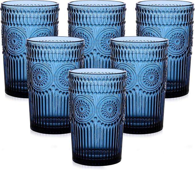 ZMOWIPDL Drinking Glasses Set of 6, 13oz Flower Design Blue Glass Cups | by ZMOWIPDL