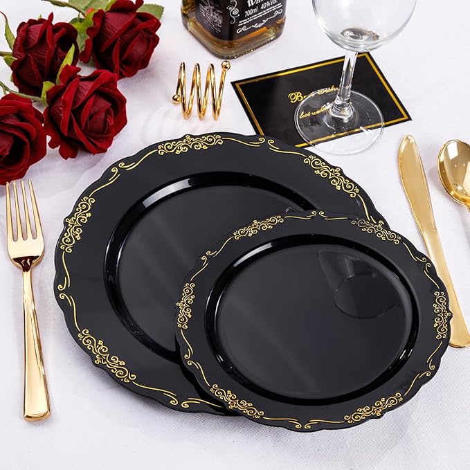 U-QE 100PCS Black and Gold Plastic Plates - Heavy Duty Black Disposable Plates Including 50PCS 10'' Dinner Plates & 50PCS 7.5'' Dessert Plates - Hard Plastic Plates for Party