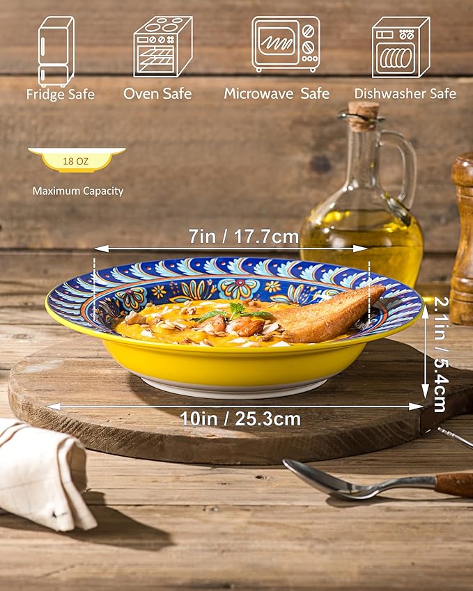 Soup and Pasta Bowls Set of 4-18 Oz Wide Rim, Porcelain Serving Bowls for Kitchen, Deep Dinner Plates - Microwave & Dishwasher Safe - Bohemian Style