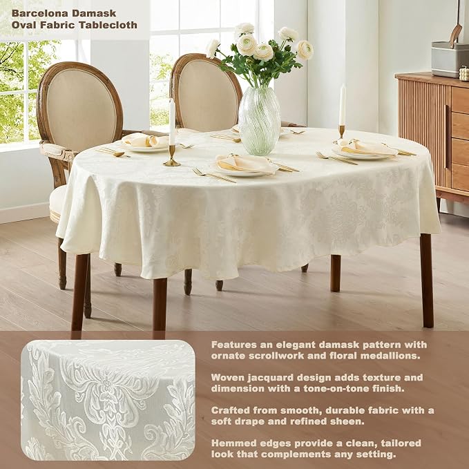 Newbridge Barcelona Luxury Damask Fabric Tablecloth, 60” Wide x 120” Oval - Image 2
