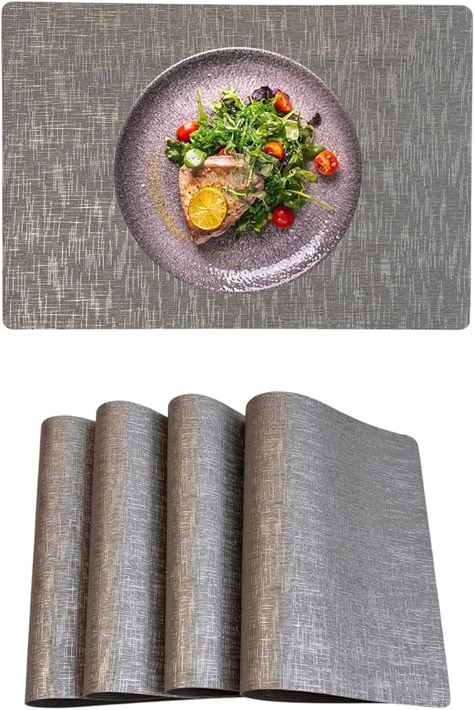 Set of 4 Faux Leather Placemats, Dual‑Sided Non‑Slip Vinyl Placemats, Washable Table Mats, Wipeable Metallic Dining Mats for Kitchen and Dining