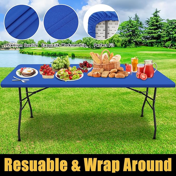 Smiry Rectangle Picnic Table Cloth, Waterproof Elastic Fitted Tablecloths for 4 Foot Tables, Washable Polyester Table Cover for Camping, Indoor and Outdoor (Blue, 24"x48")