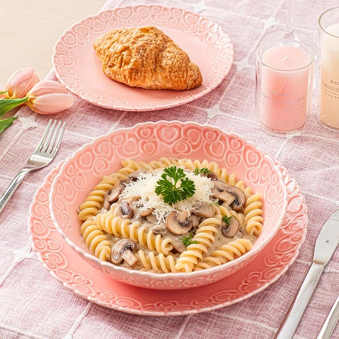 HOMBENE Heartbeat Pasta Bowls Set of 4, 40oz, Porcelain Wide and Shallow, Soup, Pasta, Noodle, Dinner, Large Salad Bowls Soup Bowl for Kitchen, Microwave & Dishwasher Safe (Dreamy Sakura Pink)