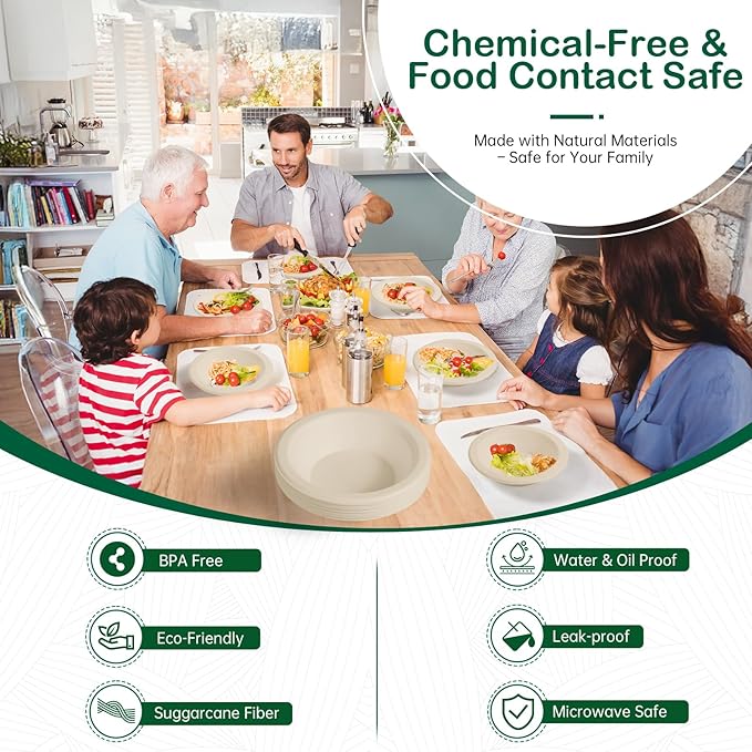 𝟯𝟮 𝗼𝘇, 𝟲𝟴-𝗣𝗮𝗰𝗸 Compostable Paper Bowls, Heavy-Duty Biodegradable Disposable Bowls Made from Bagasse, Eco-Friendly, Microwave & Freezer Safe (Natural)