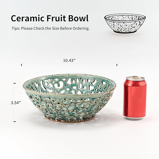 SIDUCAL Ceramic Fruit Bowl for Kitchen Counter,Decorative Fruit Basket with Holes, 10.43" Large Hollow Out Fruit Vegetable Holder Bowl for Table Decor, Blue