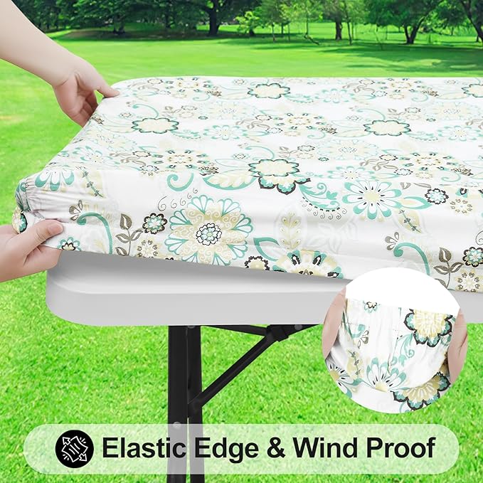 Smiry Rectangle Table Cloth Cover, Waterproof Elastic Fitted Picnic Tablecloth for 4 Foot Tables, Wipeable Flannel Backed Vinyl Tablecloths for Camping, Dining, Outdoor (Teal & White, 30" x 48")