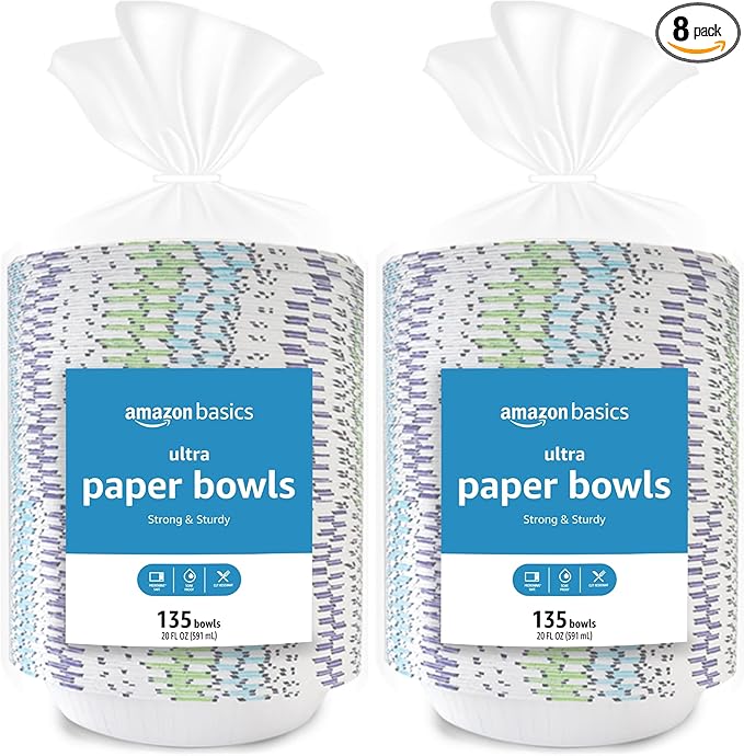 Amazon Basics Ultra Paper Bowls, 20 Oz, Disposable, 1080 Count (8 packs of 135), White (Previously Encore)