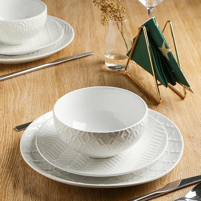 Sureasy 12-Piece Ceramic Dinnerware Set for 4 - Embossed Plates and Bowls Sets, Scratch Resistant Dish Set, Microwave, Oven & Dishwasher Safe, White
