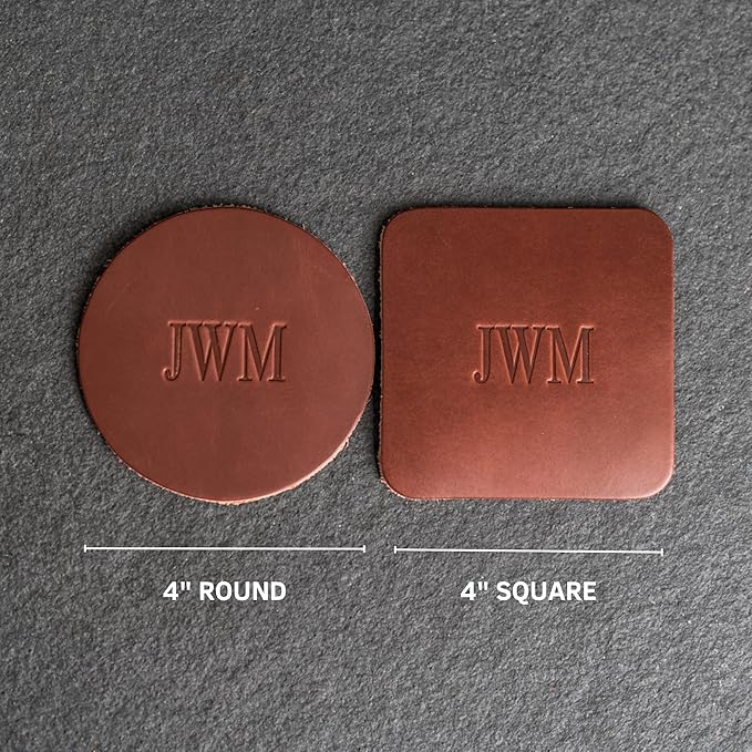 Ox & Pine Personalized Leather Coaster - Sold Individually or in Sets of 4 - Customize Inscription - 100% Full-Grain Leather – 4" Round or 4" Square (Round, Black, Set of 4 Coasters)