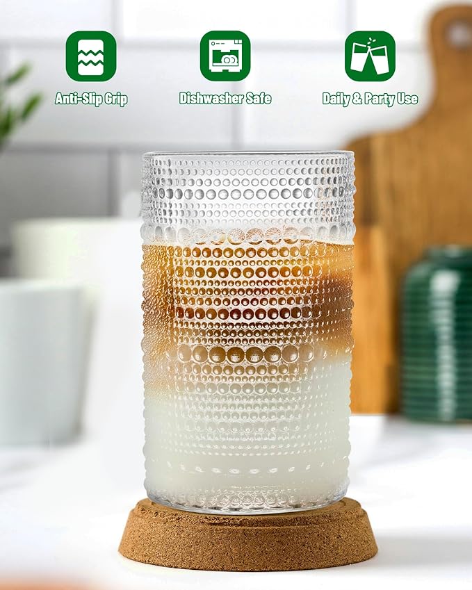 Vintage Hobnail Drinking Glasses Set of 4 – 13 oz Clear Highball Glass Cups – Embossed Textured Glassware with Anti-Slip Grip for Water, Juice, Cocktails – Thick Glass, Dishwasher Safe