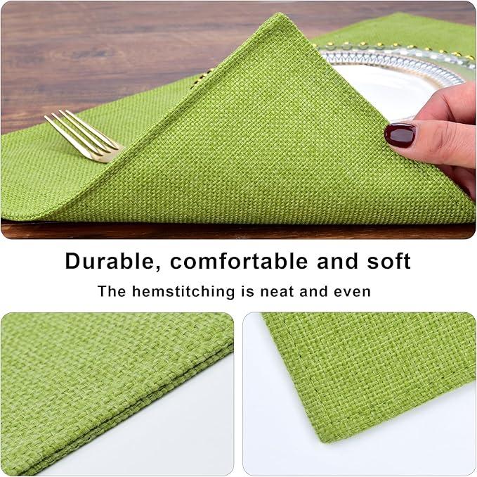 SLKQG Green Linen-Look Placemats Set of 8, Heat Resistant & Machine Washable Double-Layered Cloth Placemats for Dining Table, Indoor/Outdoor Use, Non-Slip Kitchen Table Mats (8, Green)