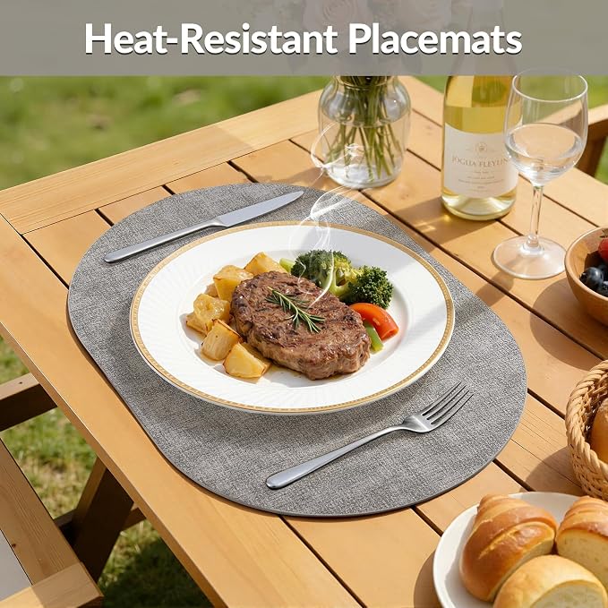 Placemats Set of 6, 11.8 x 17 Inch, Light Grey | Heat Resistant Oval Faux - Image 4