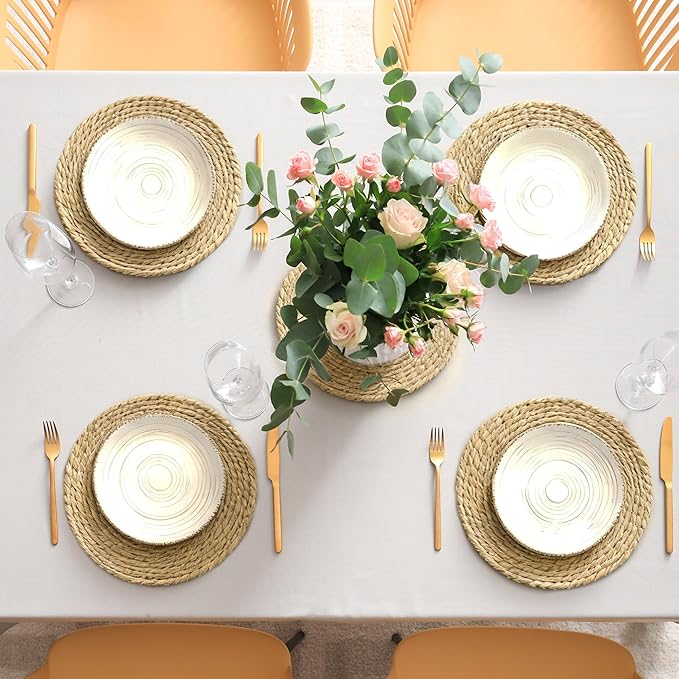 Elcoho 4 Pieces Round Woven Placemats 12 Inch Boho Rattan Placemats Farmhouse Braided Place Mats Woven Plate Chargers Rustic Wicker Table Mats for Dining Table