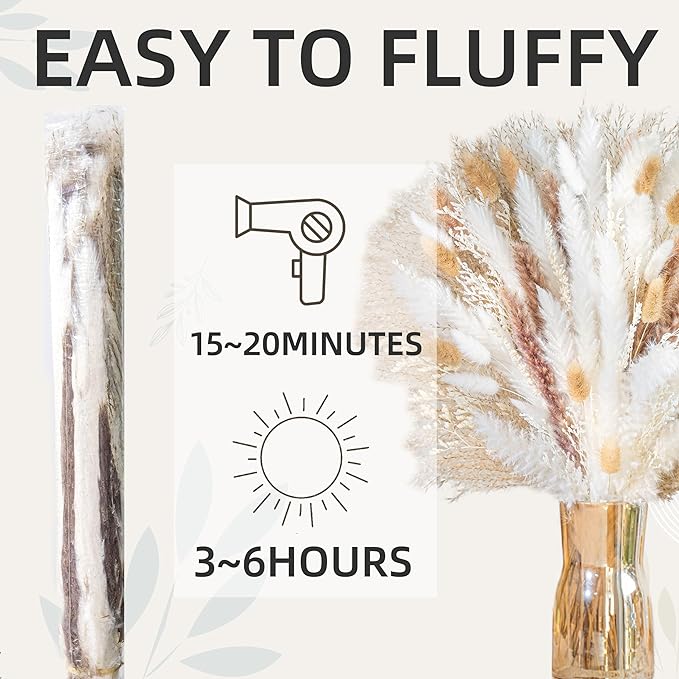 Natural Pampas Grass 8kind Grass Mix Bouquet | Dried Pampas Bouquet for Wedding Boho Flowers Home Table Decor Desk Decor, Rustic Farmhouse Decor (93PCS)