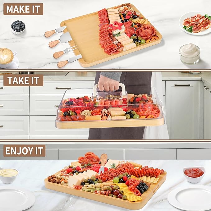 Portable Travel Charcuterie Board with Lid and Handle - Large Bamboo Cheese Board with 4 Cheese Knife Set for Outdoor, Picnics - Weddings, House Warming Gift for Women (1 Compartment, White)