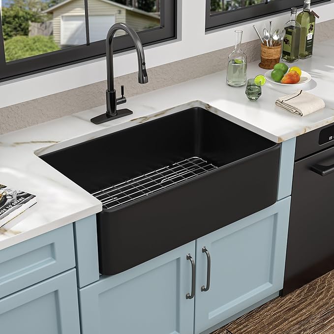 33"x20" Black Farmhouse Sink – Flat Apron Front Matte Black Porcelain Ceramic Fireclay Deep Single Bowl Farm Kitchen Sink Basin
