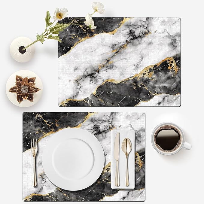 Mcalk Black Marble Table Runner and Placemats Set of 6, Marble Print Placemats, Modern Cloth Place Mats Indoor for Kitchen,Washable Linen Material for Dining Table