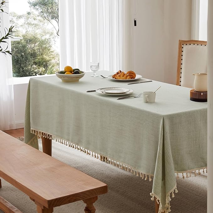 Linen Tablecloth with Tassels, Farmhouse Style Green Tablecloth, Water Resistant Burlap Tablecloths for Rectangle Table, 52x70 Inch Green