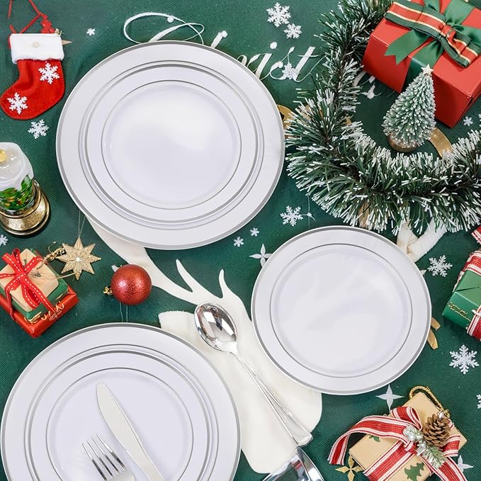 bUCLA 150-Piece Silver Disposable Dinnerware Set - White Plastic Plates with Silver Rim - Include 25 Dinner Plates, 25 Dessert Plates, 25 Forks, 25 Knives, 25 Spoons & 25 Cups for Party & Christmas