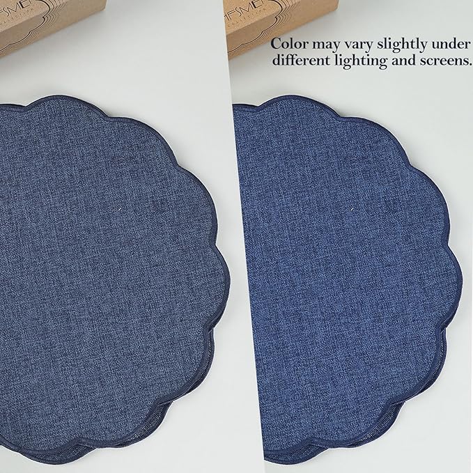 AHHFSMEI Round Faux Linen Placemats Set of 6 Waterproof Table Mats Heat Resistant Non-Slip and Stain Proof for Kitchen Dining Elegant Decor (Navy Blue,6)