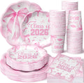 250 Pcs Pink Bow Graduation Disposable Paper Plate Napkins | Congrats Grad by Newtay