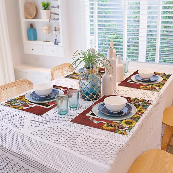 Watercolor Red Barn Cock Placemat Set of 4, Rooster Sunflowers Heart Heat-Resistant Washable Table Place Mats for Kitchen Dining Table Decoration