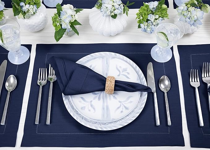Solino Home Linen Cloth Placemats Set of 6-100% Pure Linen Hemstitch Navy Blue Placemats 14 x 19 Inch - Classic Hemstitch Table Place Mats for Winter, Easter