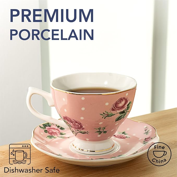 BTaT- Floral Tea Cups and Saucers, 8 oz, Fine Porcelain Teacup Set - Image 5
