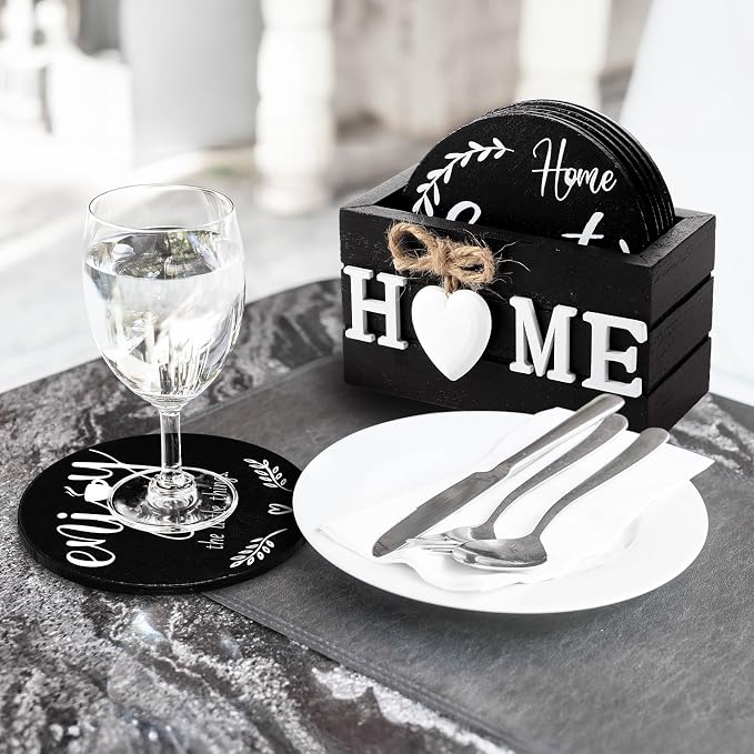 Queekay Coasters Set of 6 House Warming Gifts New Home Wooden Farmhouse Drink - Image 6