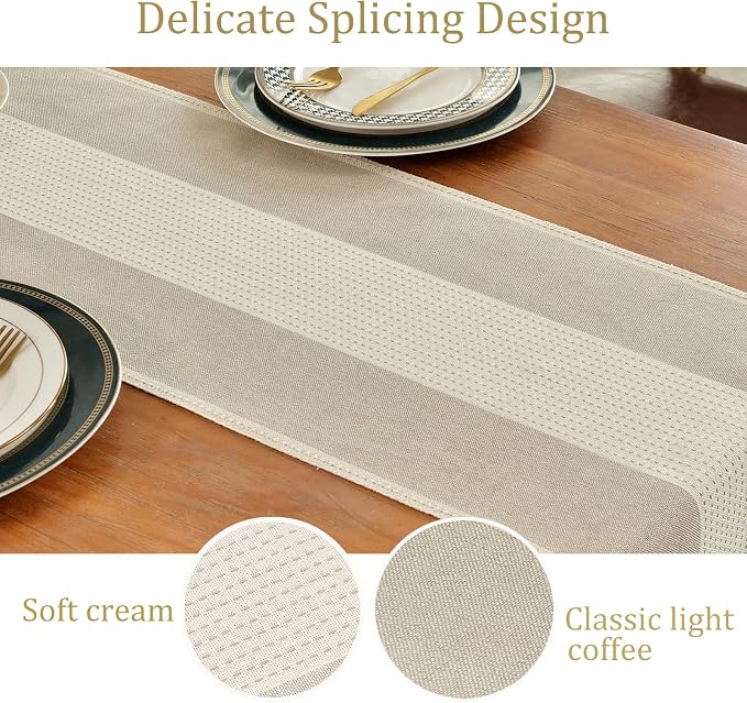 Wracra Linen Table Runner, Stripe Table Runners 60 Inches Long Light Coffee | - Image 3