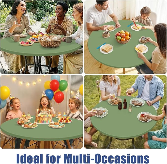 Round Spandex Tablecloth, Elastic Fitted Waterproof Tablecloths for 42"-50" Tables, Stretch Washable Picnic Table Cover for Camping, Dining, Indoor and Outdoor, Sage Green