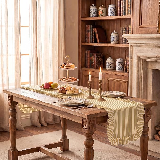 HunnmingRe Ruffle Trim Boho Table Runner Farmhouse Rustic Stripes Scalloped - Image 7