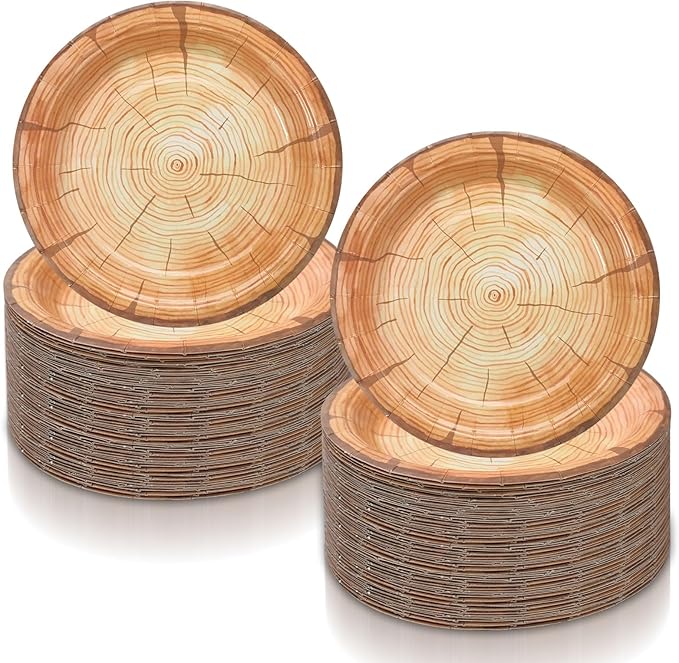 120 Pcs Wood Grain Paper Plates 7 Inch Farmhouse Round Disposable Plates Rustic Wood Slice Dish for Lumberjack Birthday, Christmas Dinner Supplies for Baby Shower, Woodland Party