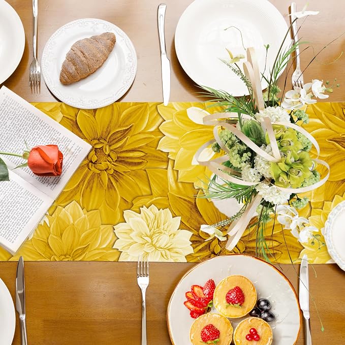 Yellow Dahlia Flower Summer Table Runner Yellow Gray Burlap Table Runners - Image 8
