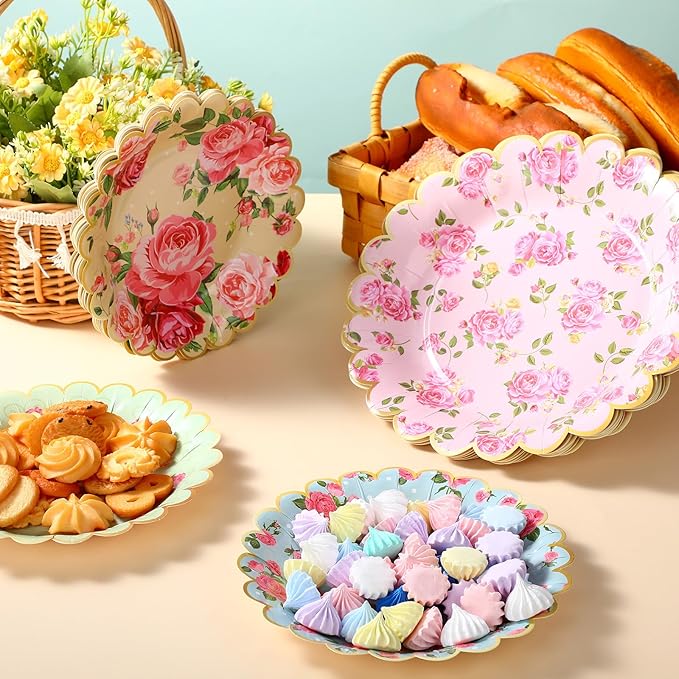 Pasimy 64 Pcs Floral Vintage Plates Paper Tea Party Tableware Set 9 Inch and 7 Inch Plates for Tea Party Birthday Baby Shower Wedding Bachelorette Party Supplies(Rose)