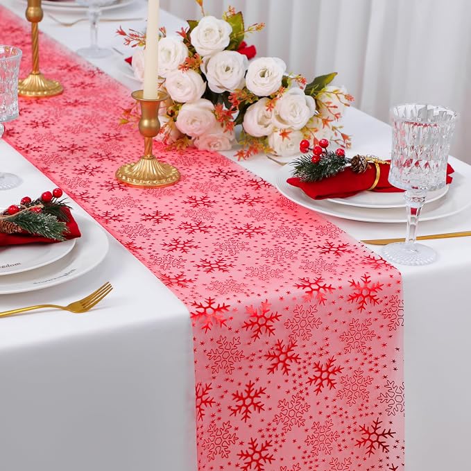 Snowkingdom 2 Pcs Christmas Red Snowflake Table Runner 108 Inch Sparkly Red - Image 7
