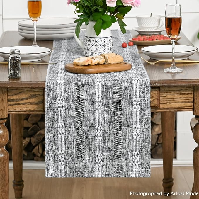 Artoid Mode Dark Grey Farmhouse Embroidered Hollow Table Runner, Seasonal - Image 2