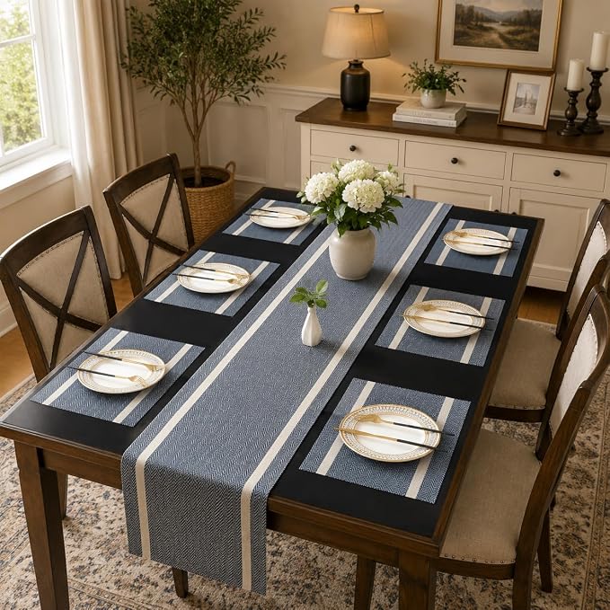 FAVE Woven Navy Blue Table Runner Woven - Image 3