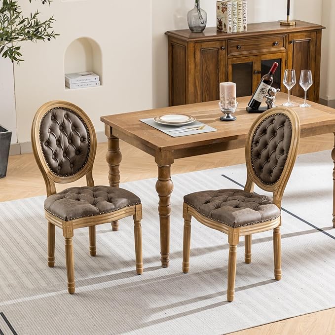 Vintage French Dining Chairs Set of 2, Round Back PU Leather Upholstered Accent Chairs with Nailhead Trim and Solid Wood Frame, Farmhouse Sillas de Comedor for Dining Room & Kitchen, Distressed Brown
