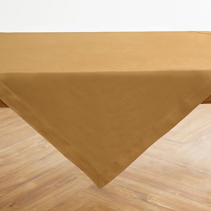 Solino Home Linen Tablecloth 52 x 52 Inch - 100% Pure Linen Caramel Square Tablecloth - Fete, Machine Washable Table Throw for Spring, Easter