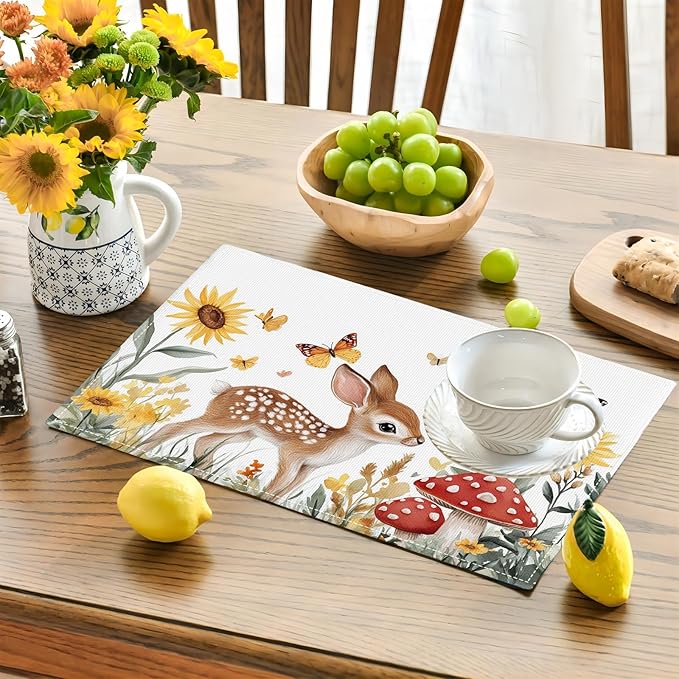 Cute Deer Placemats Set of 4, Sunflower Butterfly Place Mats, Sika Deer Waterproof Washable Table Mats for Home Party Indoor Kitchen Dining Table Decoration 12x18 Inch