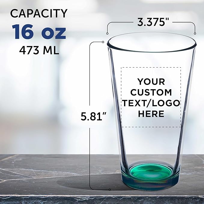 DISCOUNT PROMOS Custom Beer Pint Glasses 16 oz. Set of 10/50/100, Personalized Bulk Pack - Heavy Duty Glassware for Restaurant, Thick Base and Walls, Stackable - Green