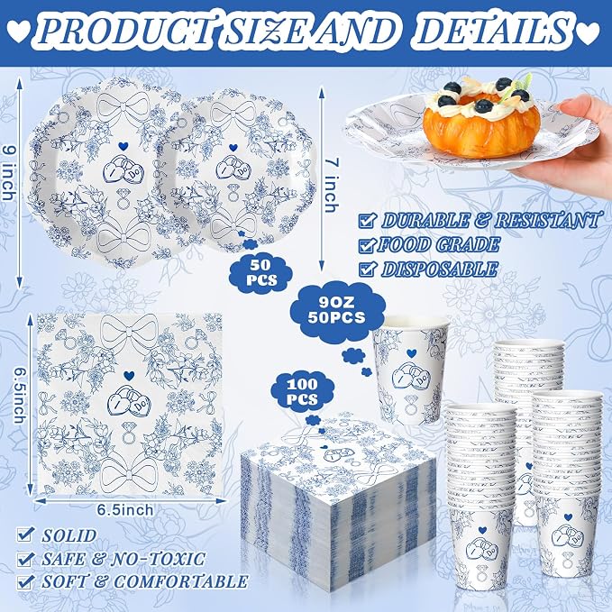 250 Pcs Blue Bachelorette Disposable Paper Plates and Napkins | Serves 50 Guests - Image 2