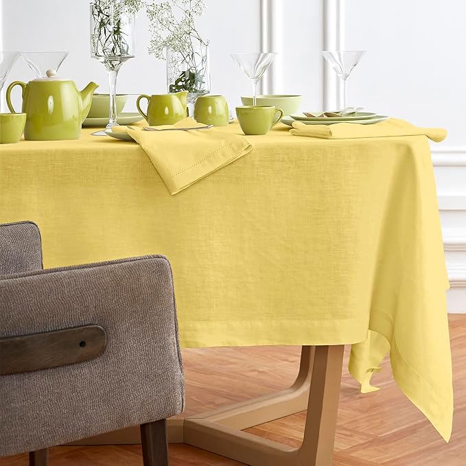 Solino Home Yellow Linen Tablecloth 70 x 70 Inch - 100% Pure Linen Square Table Cloth - Sonoma, Machine Washable Tablecloth for Spring, Easter