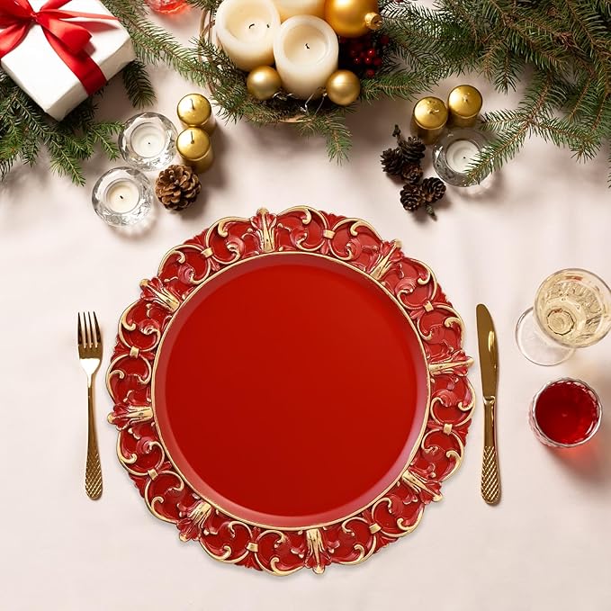 Red Charger Plates Set of 6, Decorative Table Plastic Chargers for Dinner Plates, Party, Wedding, Thanksgiving, Christmas, FD51R