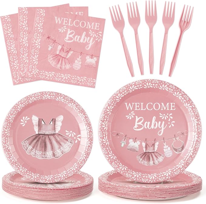 96Pcs Pink Platos De Barro Mexicanos Baby Shower Party Plates Supplies Welcome by G1ngtar